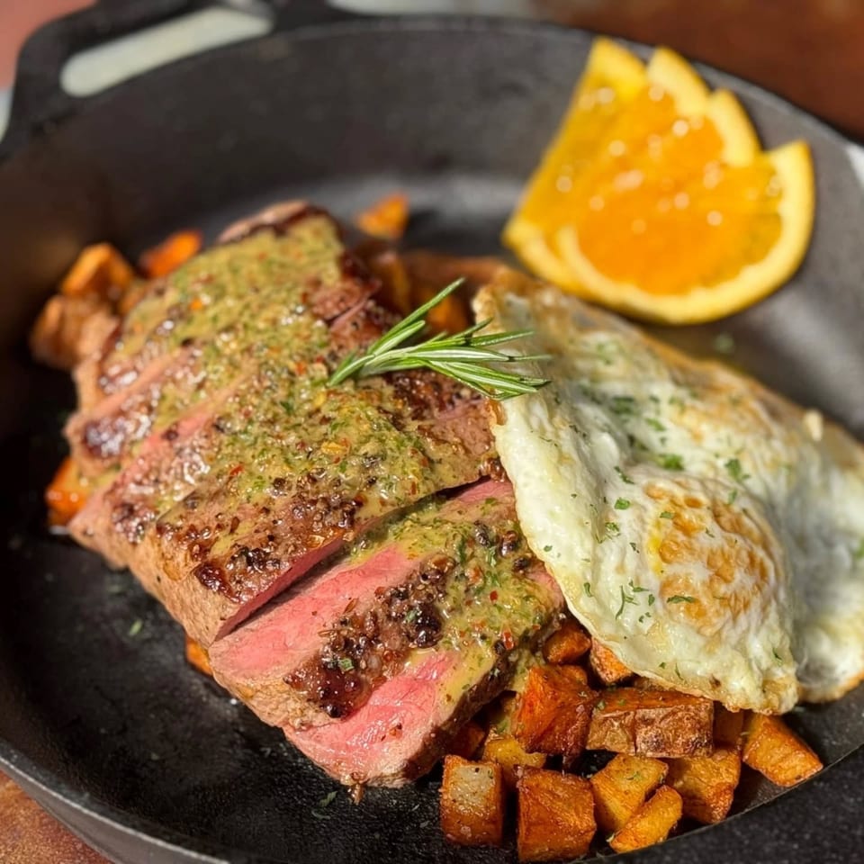 Sliced steak with green sauce, fried eggs, roasted potatoes, and an orange slice in a skillet.